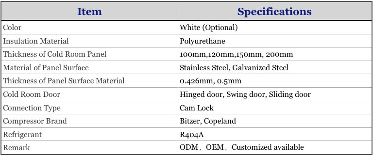 specifications of cold room