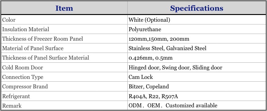 specifications of freezer room